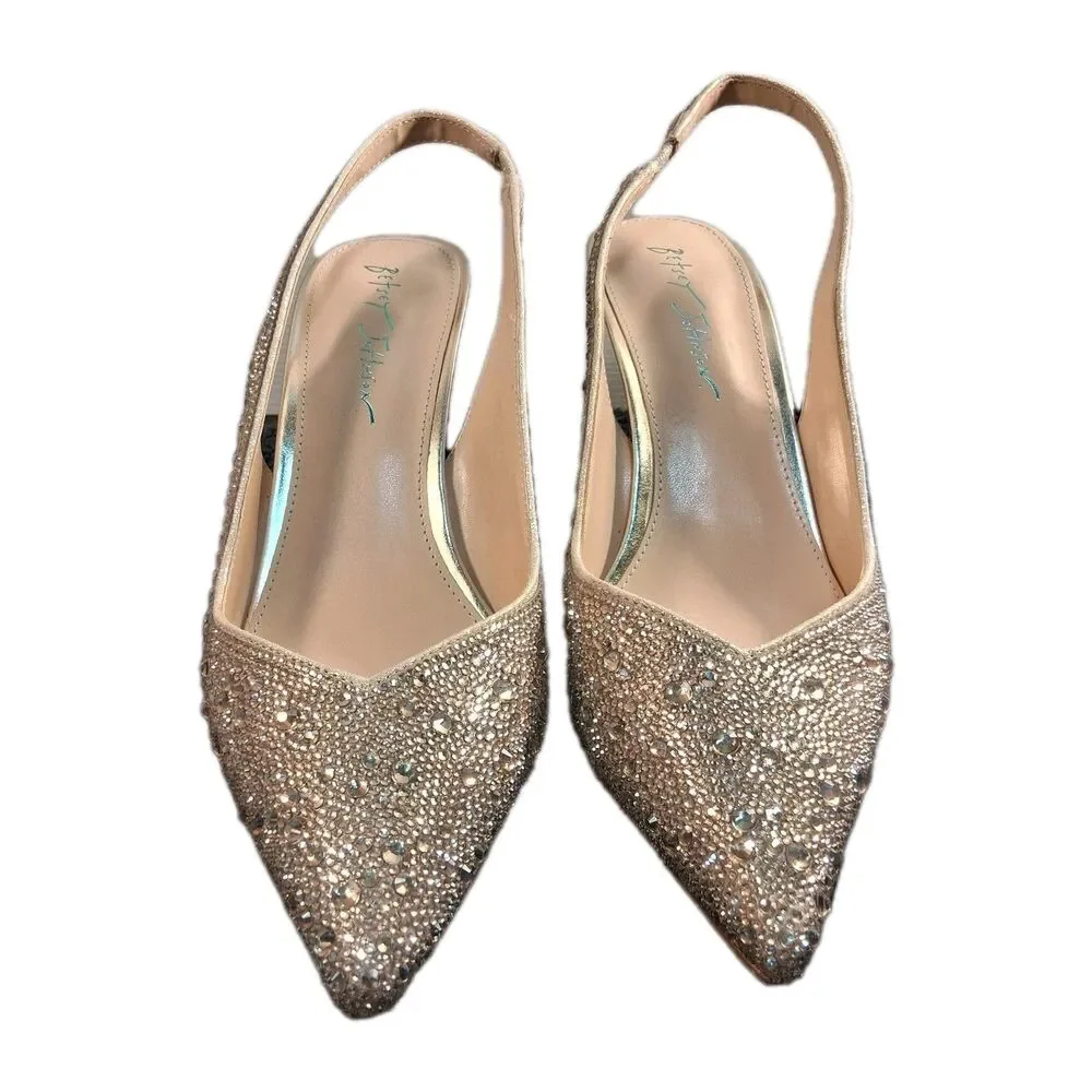 Betsey Johnson Clark Gold Rhinestone Curved Kitten Heels Size 8.5 Wide Glam - Picture 4 of 13